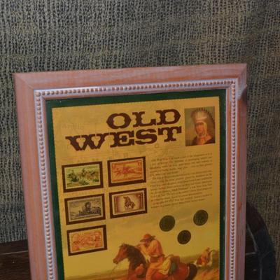 Framed Old West Lot of Coins and Stamps 14"x11"