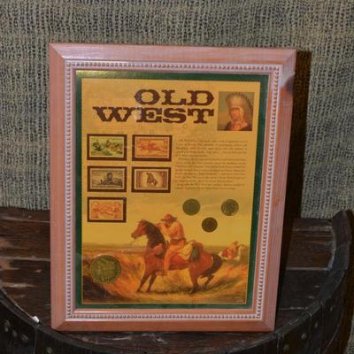 Framed Old West Lot of Coins and Stamps 14"x11"