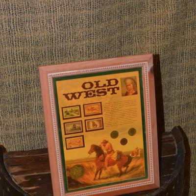 Framed Old West Lot of Coins and Stamps 14"x11"