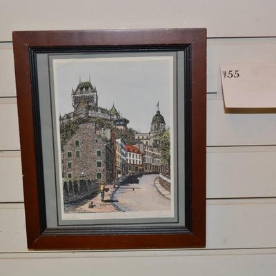 Framed Vintage Hand Painted Watercolor Lithograph of Cote De La Montagne, Quebec