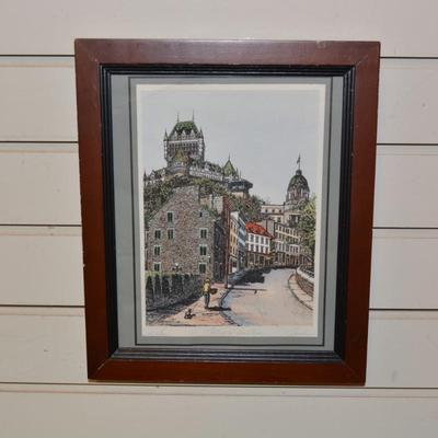 Framed Vintage Hand Painted Watercolor Lithograph of Cote De La Montagne, Quebec