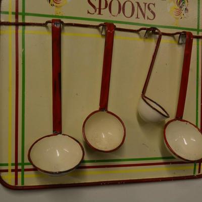 Vintage Enamelware Measuring Spoons Wall Hanging 12.5"x11.25"