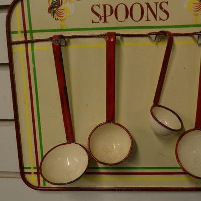 Vintage Enamelware Measuring Spoons Wall Hanging 12.5"x11.25"