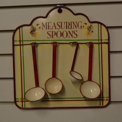 Vintage Enamelware Measuring Spoons Wall Hanging 12.5"x11.25"