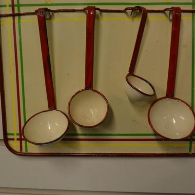 Vintage Enamelware Measuring Spoons Wall Hanging 12.5"x11.25"