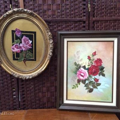 Lot of 2 Vintage Rose Paintings