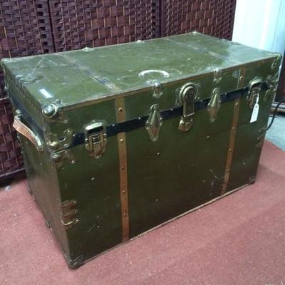 Vintage Metal Trunk with Leather Handles