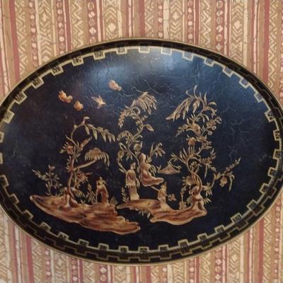 Metal Oval Serving Tray with Painted Asian Design