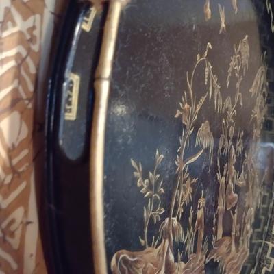 Metal Oval Serving Tray with Painted Asian Design