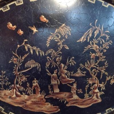 Metal Oval Serving Tray with Painted Asian Design