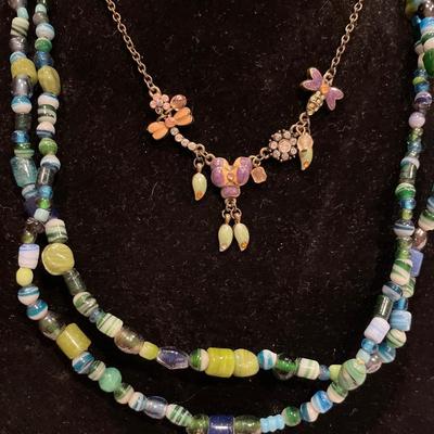 Long green blue/green bead & dreagonfly necklaces