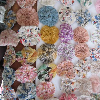 Fancy Vintage Coverlet Made Out of Rosette Like Fabric Puffy Sections, Read Description