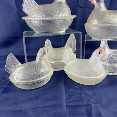 841 Lot of Six Covered Glass Rooster/Hen Dishes