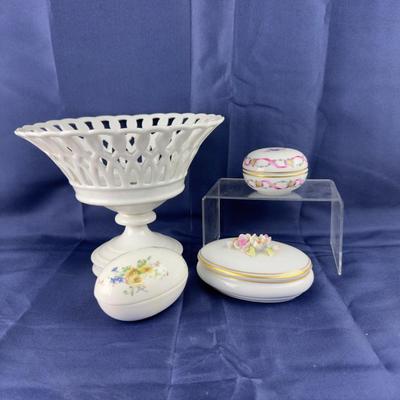 842 White Porcelain Reticulated Compote With Covered Porcelain Egg Boxes