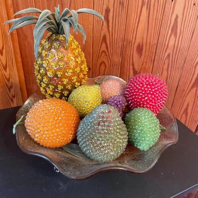 Decorative Beaded Fruits in Herringbone & Iris Bowl