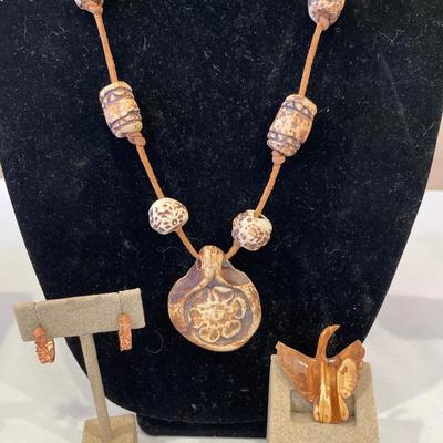 Pottery necklace, copper earrings and wood pin