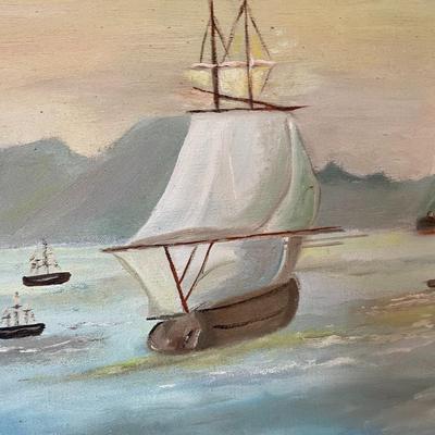 Oil on Canvas Framed Ship Painting Signed "K Carucci"