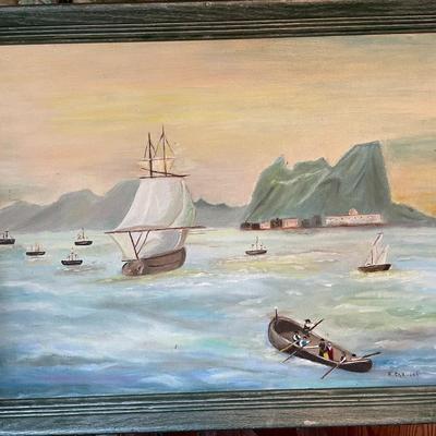 Oil on Canvas Framed Ship Painting Signed 