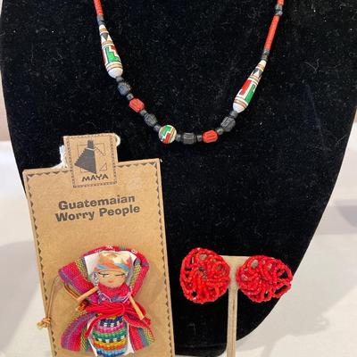 Native style necklace, worry pin & earrings