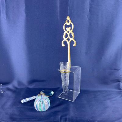 854 Brass Crystal Wall Bud Vase With Paper Weight & Magnifier