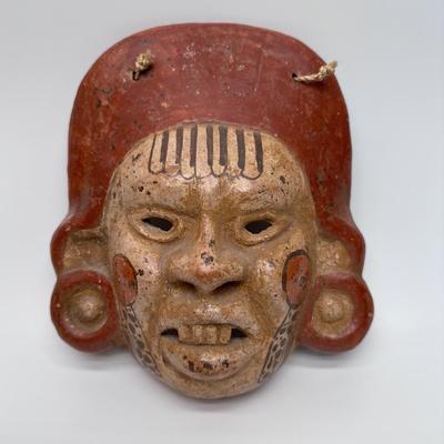 Vintage Mexican Aztec Mayan Clay Pottery Wall Mask-Grinning/Snarling Man-9-1/4
