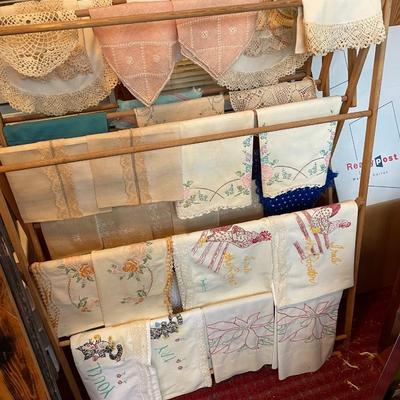 Vintage Embroidery Linens and Doilies with Drying Rack