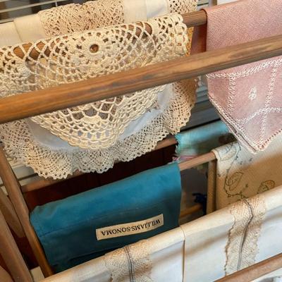 Vintage Embroidery Linens and Doilies with Drying Rack