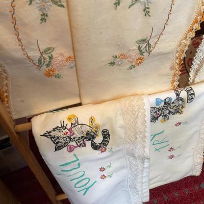Vintage Embroidery Linens and Doilies with Drying Rack