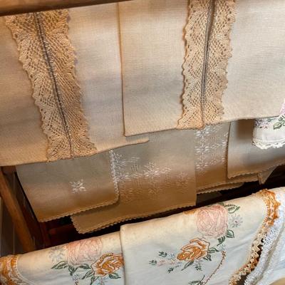 Vintage Embroidery Linens and Doilies with Drying Rack