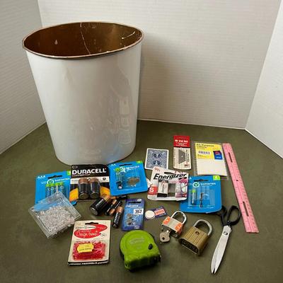 Trash Can, Batteries, Locks, and Misc Office Supplies