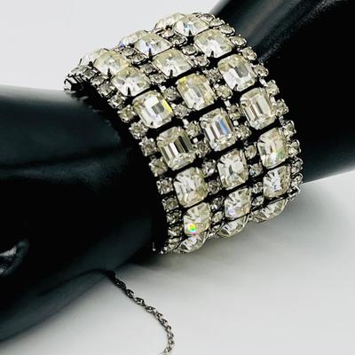 Vtg. Rhinestone Glam Cuff Bracelet With Silver Tones