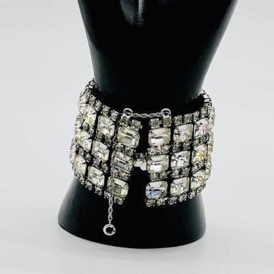 Vtg. Rhinestone Glam Cuff Bracelet With Silver Tones