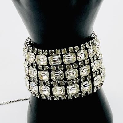 Vtg. Rhinestone Glam Cuff Bracelet With Silver Tones