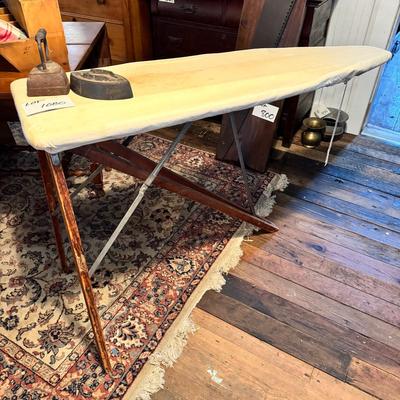 1080 Antique Wooden Ironing Board with Cover and Antique Cast Irons