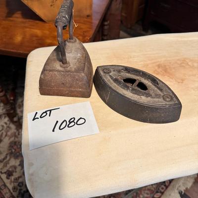 1080 Antique Wooden Ironing Board with Cover and Antique Cast Irons