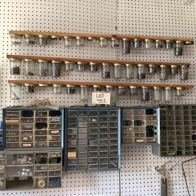 G752 Large Lot of Assorted Nails, Screws, in Wall Drawers and Jars