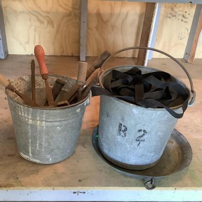G753 Vintage Metal Buckets with Assorted Tools / Files