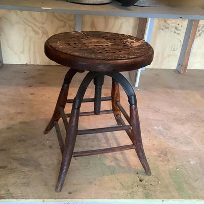G754 Antique Swivel Metal and Oak Adjustable Stool