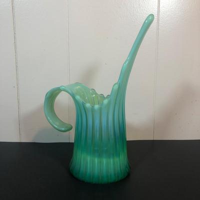LOT 37L: Vintage / Mid-Century Modern Fostoria Heirloop Opalescent Green/Blue Art Glass Swung Vase Pitcher