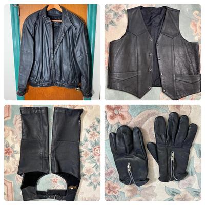 LOT 153X: Leather Motorcycle Gear - Jacket, Vest, Chaps & Gloves