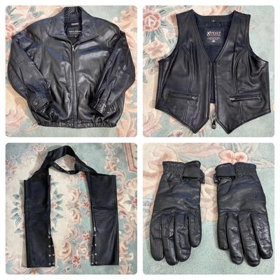 LOT 154X: Collection Of Leather Motorcycle Gear - Jacket, Vest, Chaps & Gloves