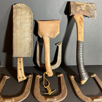 LOT 193S: Vintage USMC Village Blacksmith Bolo Knife & Hatchets & Horseshoes