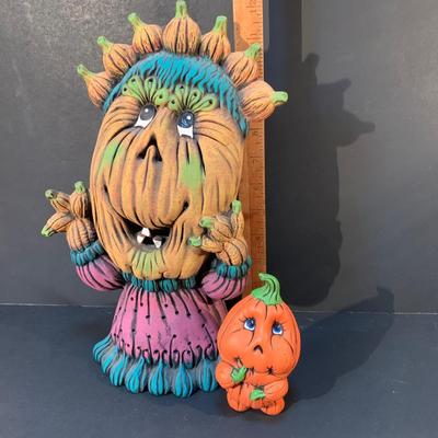 LOT 222 Y: Pumpkin Pals Collection: AJ Renzi Corp. Trick Or Treat Bucket, Ceramic Pumpkin Creatures, Pumpkin Tea Light Holder, & Cat &...