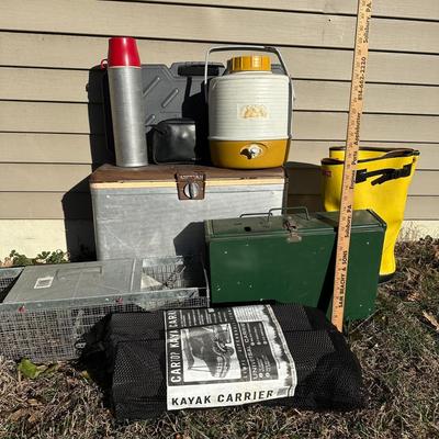 LOT 256S: Camping Lot - Vintage Ice Chest, Tasco Binoculars, Thermos, Coleman Portable Grill & More