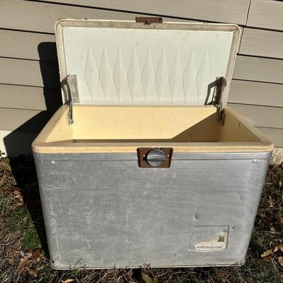 LOT 256S: Camping Lot - Vintage Ice Chest, Tasco Binoculars, Thermos, Coleman Portable Grill & More