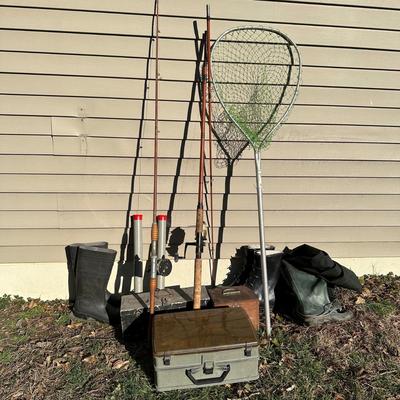 LOT 257S: Salt Water Fishing Gear - Rods/Reels, Sand Spikes, Tackle Boxes, Net, Waders & More