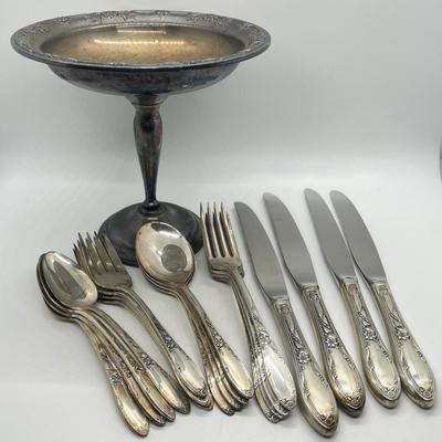 LOT 300K: Vintage Virginian Pattern Oneida Sterling Silver Silverware Place Settings (4), And Weighted Base Sterling Silver Compote