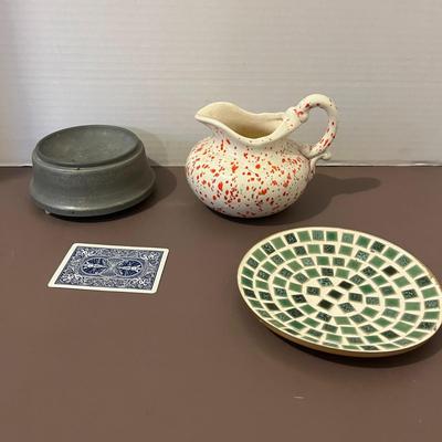 Ceramic Pot, Plate, and Hand Crank Base