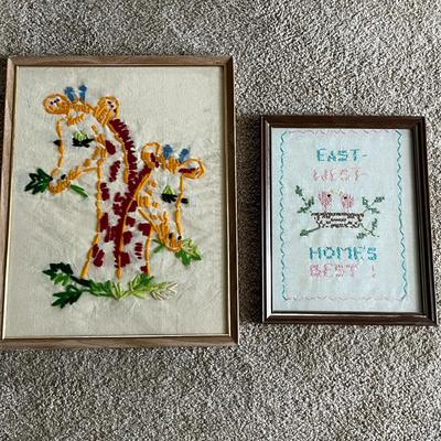 Vintage Framed Hand Embroidered Giraffes and Cross-Stitched Home