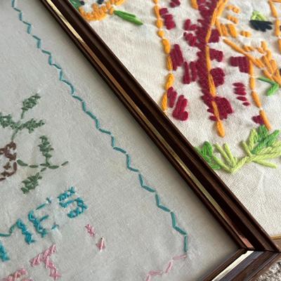 Vintage Framed Hand Embroidered Giraffes and Cross-Stitched Home